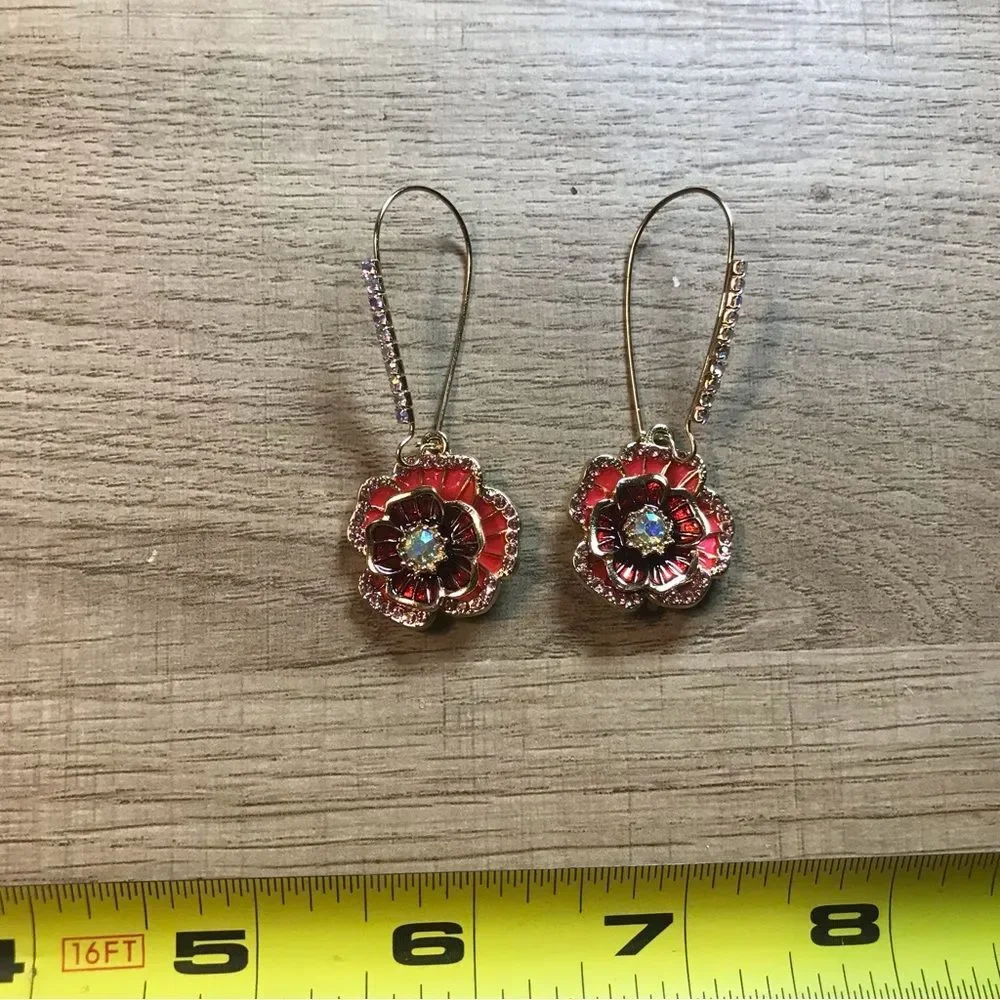 Betsy Johnson Red Rhinestones Enamel Gold  Flower  Colorful Drop Earrings